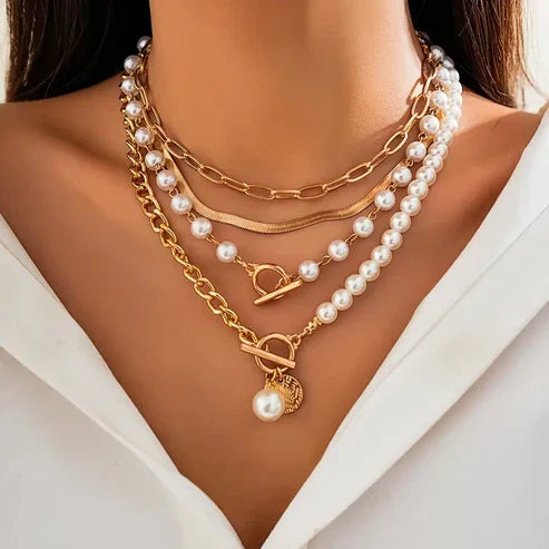 Vintage Perle & Guld Slange Halskæde Sæt