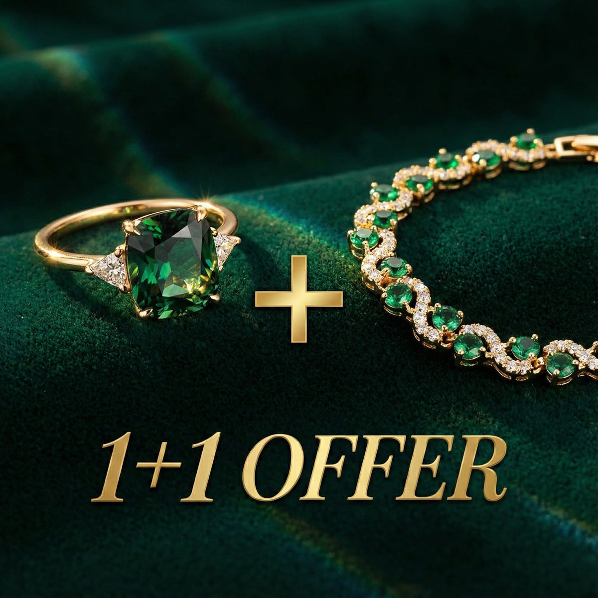 1+1 Tilbud: Fiora Emmeranthe Armbånd + Grøn zirconia ring i guld
