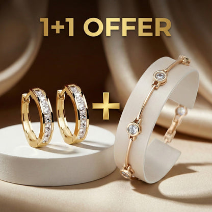 1+1 Tilbud: Elegant Guld- og Krystaløreringe + Elegant armbånd med zirconia i guld