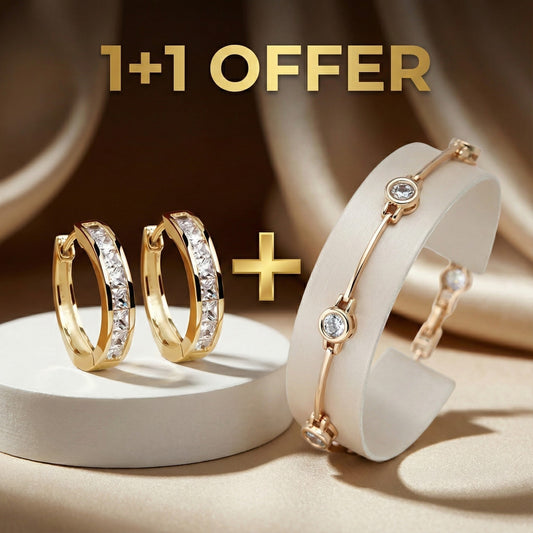 1+1 Tilbud: Elegant Guld- og Krystaløreringe + Elegant armbånd med zirconia i guld