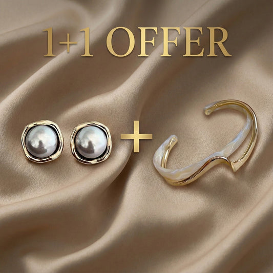1+1 Tilbud: Hvid opal elegant gyldent armbånd + Elegante sorte perleøreringe