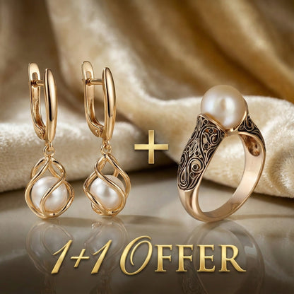 1+1 Tilbud: Elegante Guldperleøreringe + Vintage guld ring med en fancy perle