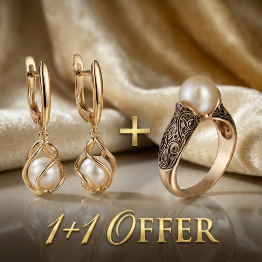 1+1 Tilbud: Elegante Guldperleøreringe + Vintage guld ring med en fancy perle