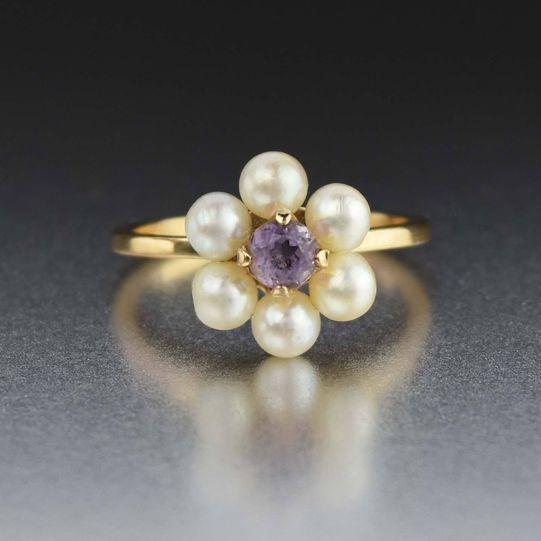 Vintage Guld Perle Blomst Ring med Lilla Krystal
