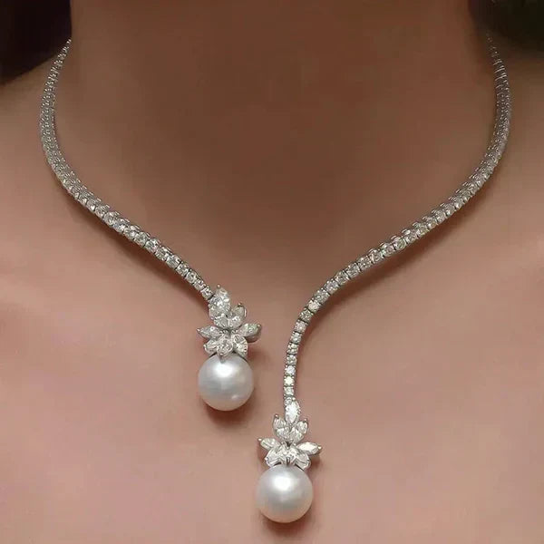 1+1 Tilbud: Elegant skinnende halskæde med perler lavet af sølv + Emerald Cut Hvid Safir Armbånd