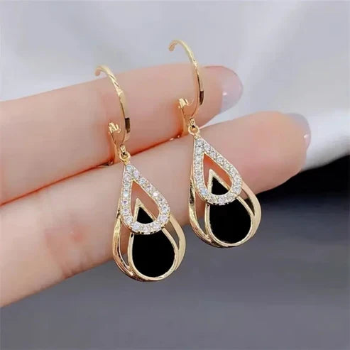 Sorte Drop Zirconia Guld Øreringe