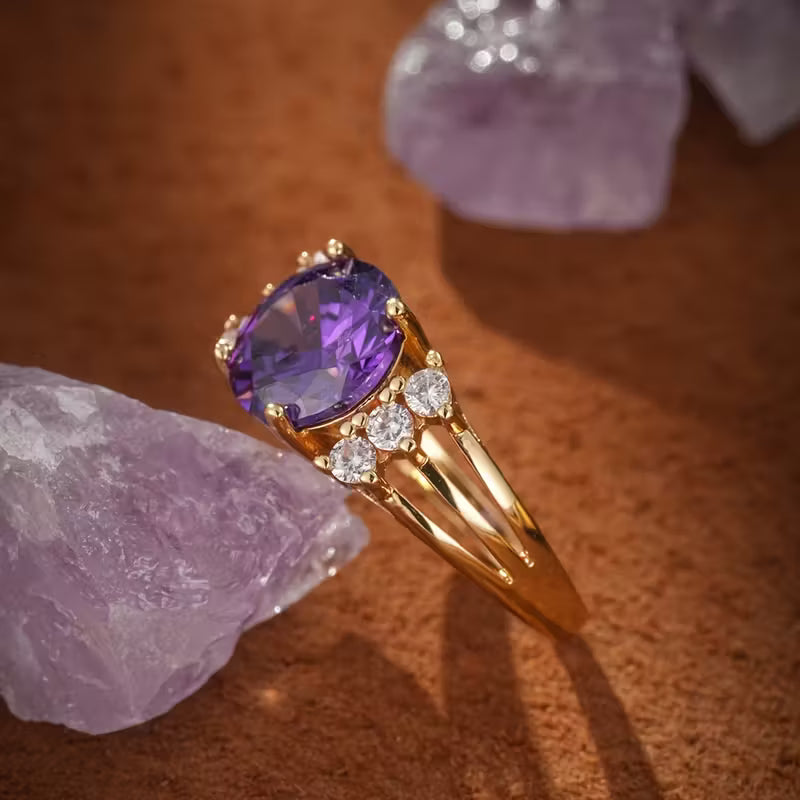 Guld Amethyst Split Shank Ring