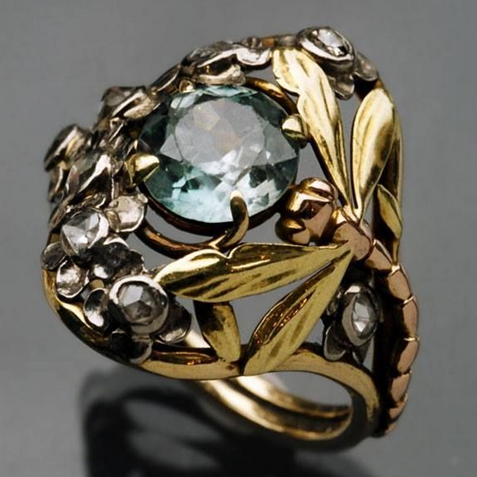 Blomster Ring med Blå Krystal i Vintage Guld