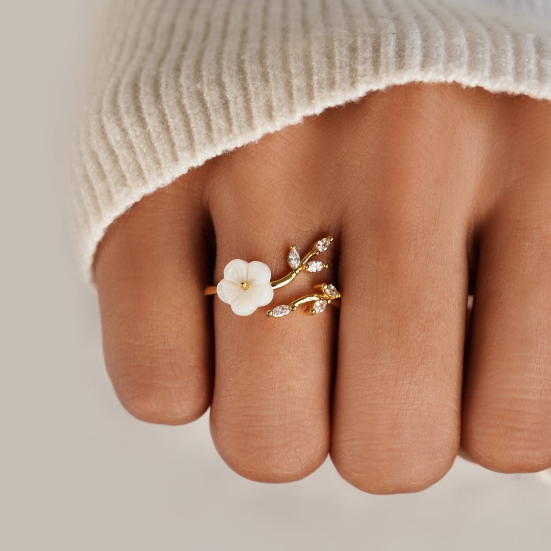 Guld Floral og Blad Åben Ring