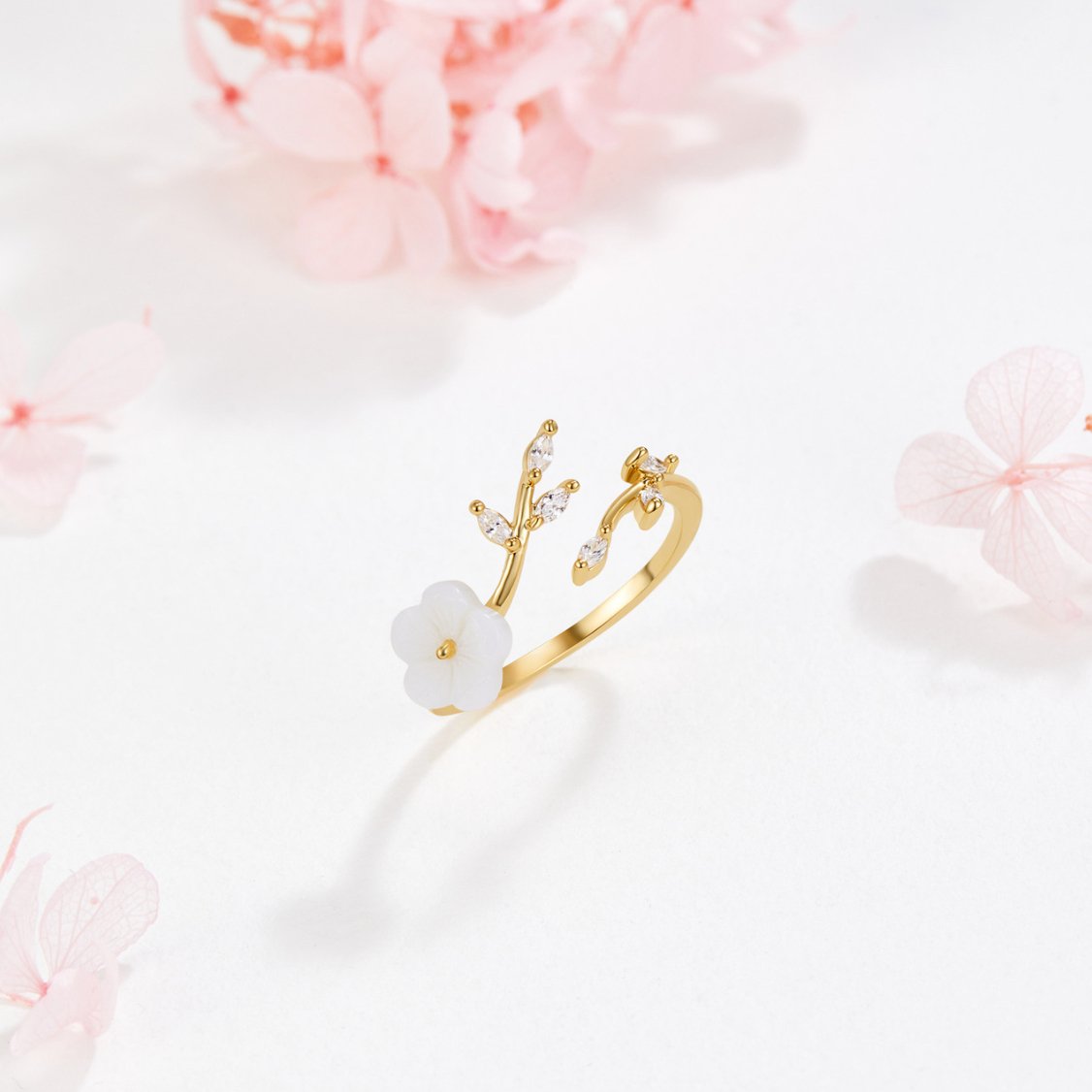 Guld Floral og Blad Åben Ring